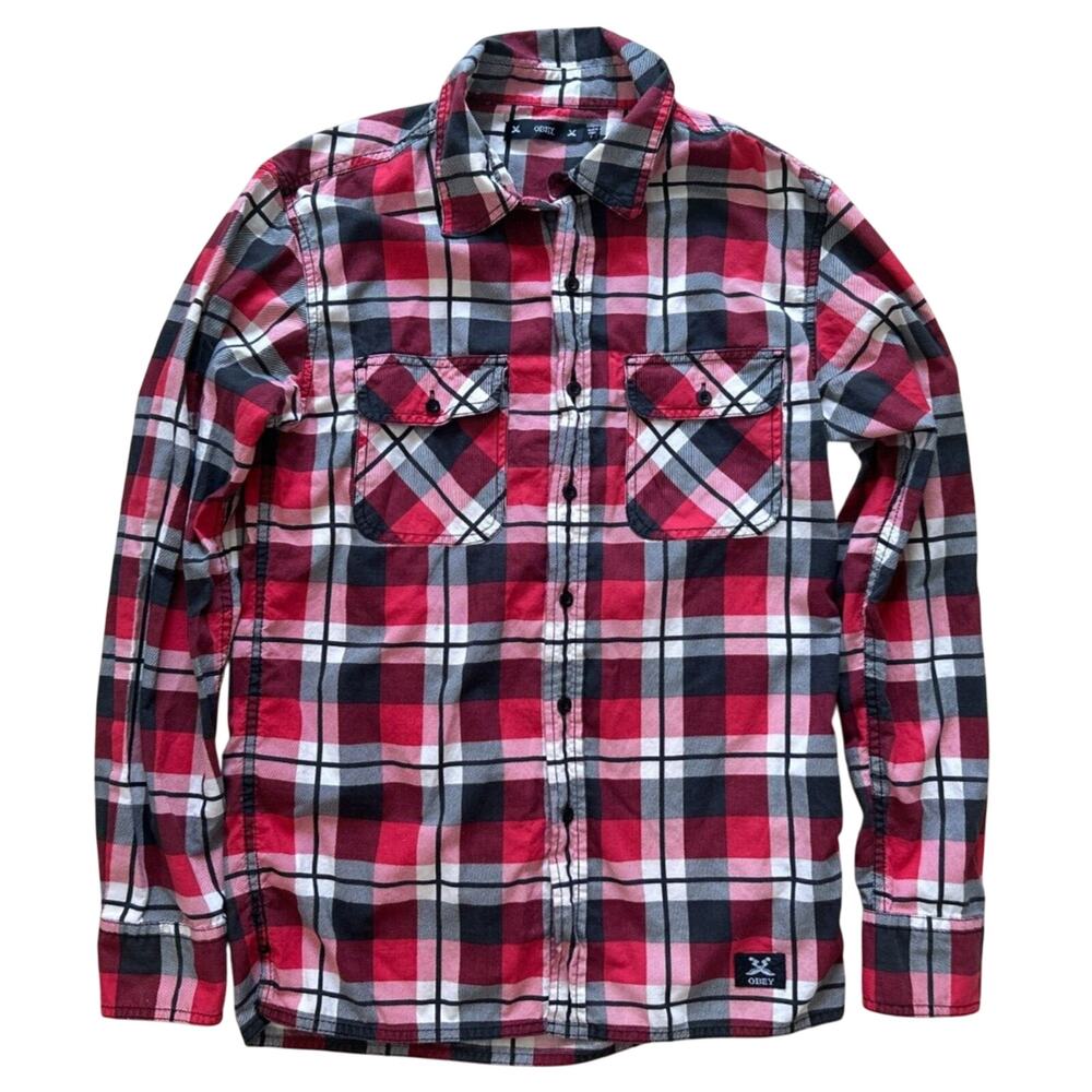 Obey Plaid Button Up Shirt Men S Long Sleeve Red Black Buffalo Check